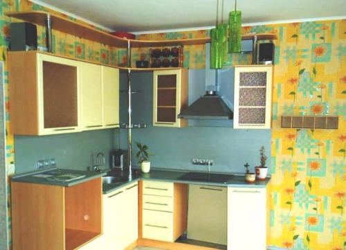 Кухня уже оборудована шкафами, полками, вытяжкой и стеклянной варочной поверхностью.